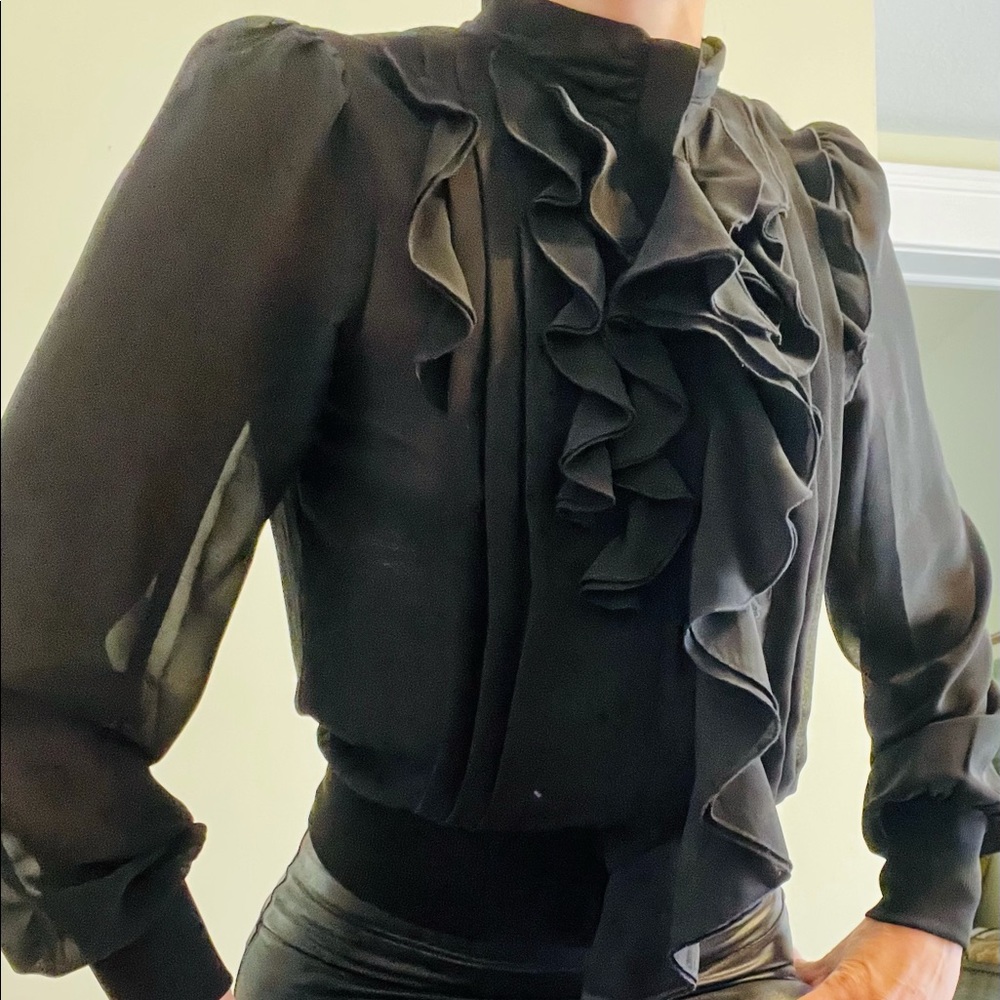 Sexy peek a boo black silky zipper blouse